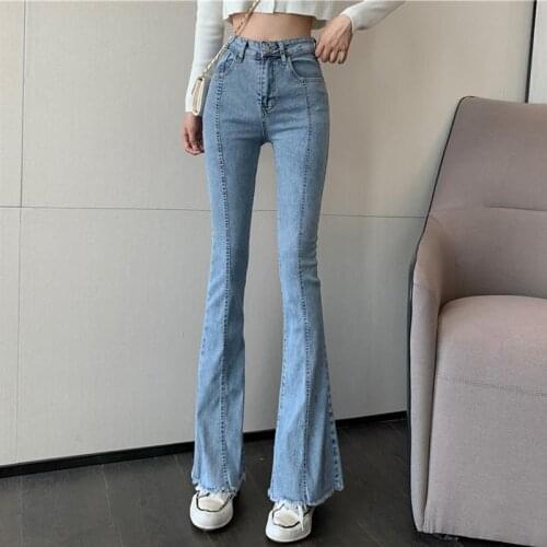 Womens Spring Summer 2021 New High Waist Slim Flare Pants Female Denim Trumpet Long Pants Casual Fishtail Trousers For Women
