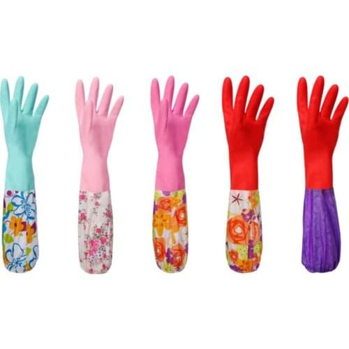 Flower Rubber Velvet Long Gloves Household Gloves Antiskid Household Dish Washing Cleaning Gloves