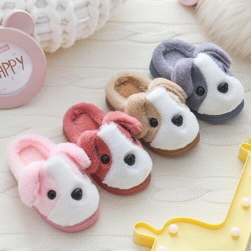 New Winter Children Home Warm Shoes Fur Slippers Cute Dog Cartoon Boy Girl Casual Indoor Cotton Shoes Baby Kids Hairy Slippers