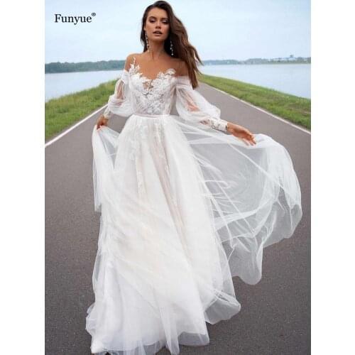 Elegant Puff Sleeve Wedding Dress 2021 New Arrival Charming Backless A-Line Tulle Bridal Gown Floor-Length Vestido De Casamento