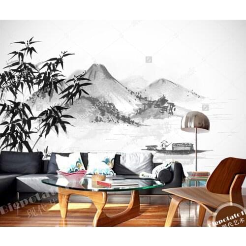 Chinese landscape wallpaper,fishing boat and island with mountains,natural retro murals for living room bedroom sofa background