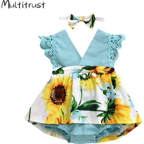 2020 Baby Summer Clothing 0-24M Newborn Baby Girls V-Neck Rompers Sunflowers Print Ruffles Lace Sleeve Jumpsuit Dress+Headband