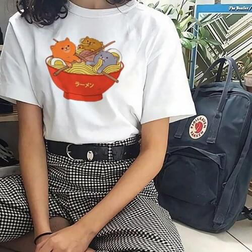 %100 Cotton Summer Ladies T-Shirt Cute Top Casual Bf Cartoon Noodle Korean Harajuku Clothes Retro Print Direct Shipping Punk
