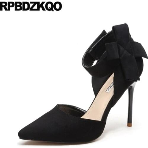 Summer Pointed Toe Thin Ankle Strap Chic Female Suede Pumps High Heels Black Footwear Size 4 34 Elegant Fashion Sexy Bow D'orsay