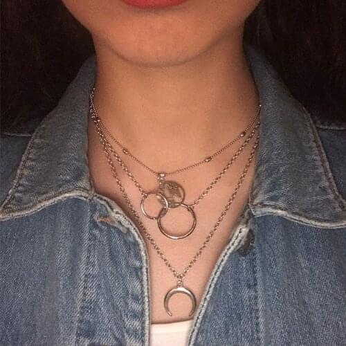 Multi-layer Moon Earth Double Rings Necklace Chain For Women Pendant Necklace Lady Vintage Trendy Fashion Jewelry