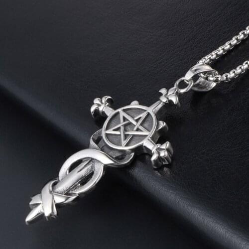 Fashion Men Five-pointed Sword Pendant Chain Necklace For Male Best Gifts Retro Stainless Steel Cross Pendant Necklace