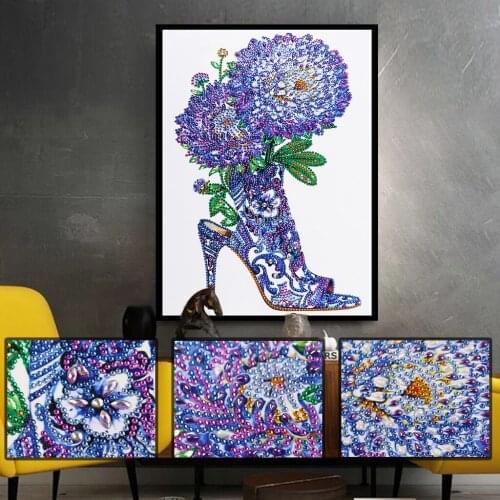 5D DIY Special Shaped Diamond Painting Purple Flower Shoes Mosaic Kit Rhinestone Drawing Picture Set Home Decoration Craft