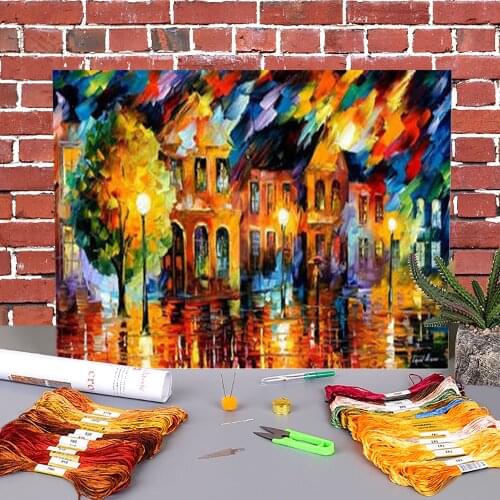 Old Street Printed Canvas 11CT Cross Stitch Kit Embroidery DMC Threads Hobby Knitting Needlework Craft Room Decor Counted