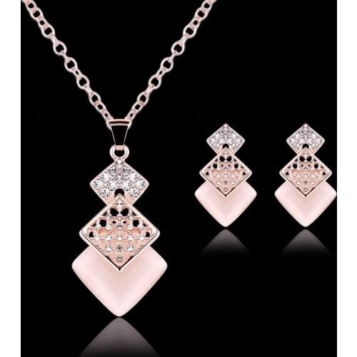Cute Rhinestone Inlaid Square Rhombus Stitching Pendent Earrings Necklace Set Korean Neck Ear Jewelry Sets for Women Girls Gift