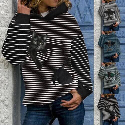 Striped Cat Print Fashion Casual Cotton Hooded Sweatshirts Women Retro Classic Black White Striped Pullover Slim Tops Plus Size