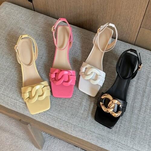 【JOCHEBED HU】Genuine leather Sexy Chains High Heels Sandals One Belt Open Toe Party Shoes Summer Mule Outwear 33-40