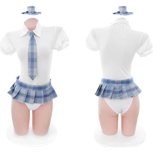 Sweet Lolita School Uniform School Girls Anime Cosplay Sailor Suits Puff Sleeve Bodysuit Blue White Short Pleated Skirt Set