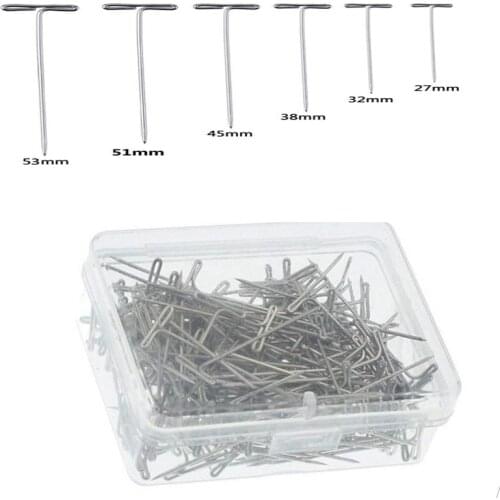 100pcs/box 27-53 mm Stainless Steel T Pins for Wigs Making/Dressmaker Straight Pins T-pins Sewing Hair Needles Styling Tool