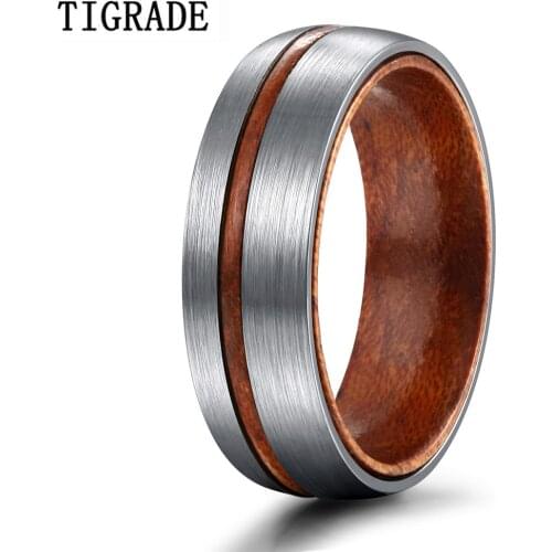 TIGRADE 6/8mm Titanium Ring Men Women Wedding Band Brown Nature Wood Comfort Fit Dome Silver Color Finish Grooved Couple Rings