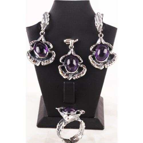 UM US JEWELRY Amethyst Cubic Zirconia 925 Sterling Silver Triple Set