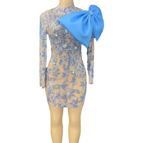 Pattern Rhinestone Pearl Bow Short Dresses for Women Birthday Dancer Celebrate Costumes Prom Transparent Nightclub Stage Outfit