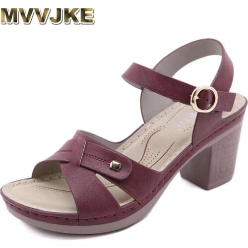 MVVJKE Women New 2021 Sandals Open Toe 7.5cm High Wood Heels Buckle Non-Slip Sewing Colorful Soft Casual Summer Red