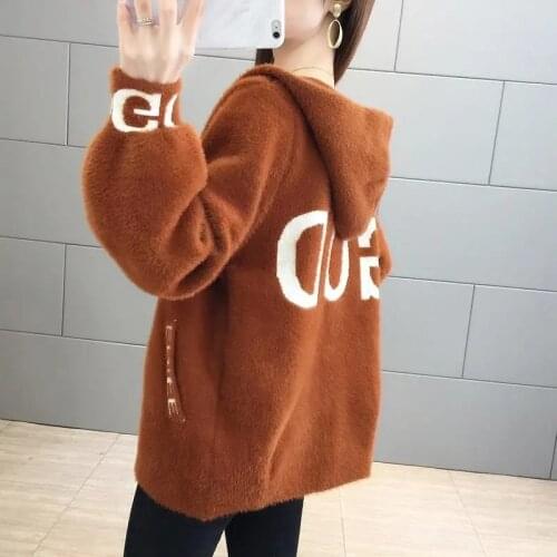 Mink fur autumn and winter sweater coat 2021 new womens loose velvet long-sleeved cardigan hooded sweater faux fur collar LJ358