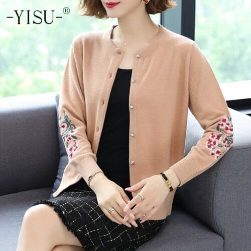YISU Women Cardigan Sweater Long sleeve Short Coat Female Arm Flowers embroidery Knitted Jacket Elegant Sweater Cardigan Women