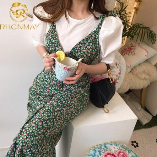 Women 2 Piece Set Korean Style Chic Vintage O Neck Puff Sleeve Shirt Single Breasted Floral Split Dungaree Dresses Lady