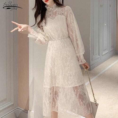 2021 Stand Collar Lace Floral Dress Women Elegant Sweet Office Lady Midi Dresses Long Sleeve Spring Summer Dress Vestidos 12530