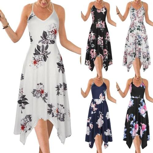 Sleeveless sling backless V-neck floral beach skirt female summer Boho print retro sexy large size irregular dress Vestidos