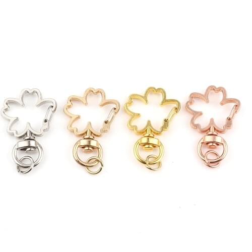 10 Sets ( 2 PCs/Set) 4 Color Sakura Flower Zinc Based Alloy Keychain Accessories Keyring DIY Findings 8mm Dia, 36mm x 24mm