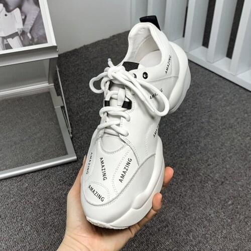 2021 New High Platform Genuine Leather Women Sneakers Cross Tied Height Increasing Women Shoes Lace Up High Heels Women Shoes