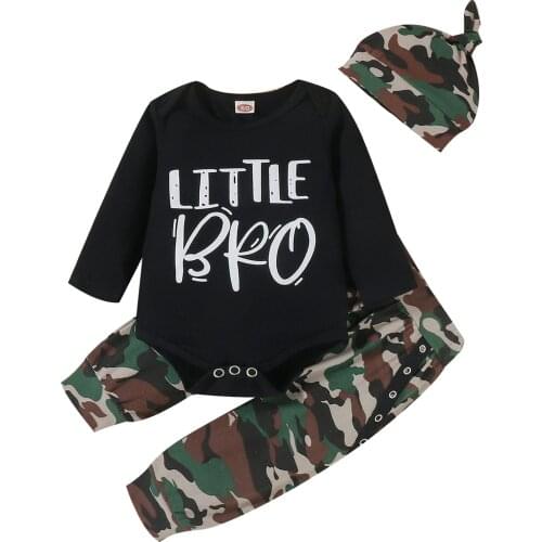 Clothes For Newborns 2021 Fashion Letter Long Sleeve Romper Camouflage Trousers Hat 3Pcs Cotton Clothing For Boys 0-3Years Sets