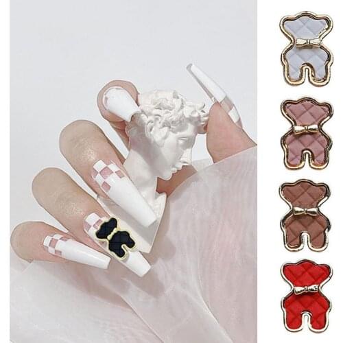 3Pcs/Set Plaid Bow Tie Bear Shape Nail Ornament 3D Effect Japanese Style Cute Design Nail Sticking Drill Manicure Art Making