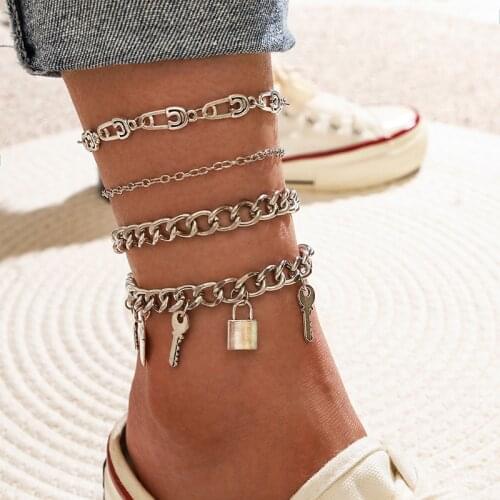 4 Pcs/Set Retro Women Anklets Set Lock Key Pendant Zipper Chain Silver Color Anklet Beach Party Female Jewelry