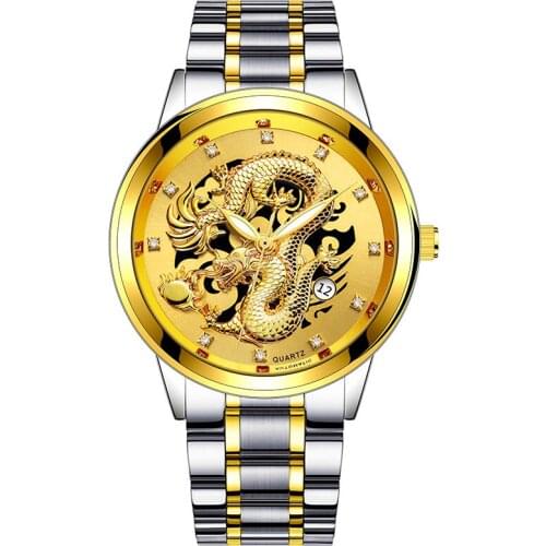 Watches Mens Luxury Brand Casual Business Quartz Wristwatch Men Golden 3D Dragon Totem Analog Watch For Men Relogio Masculino