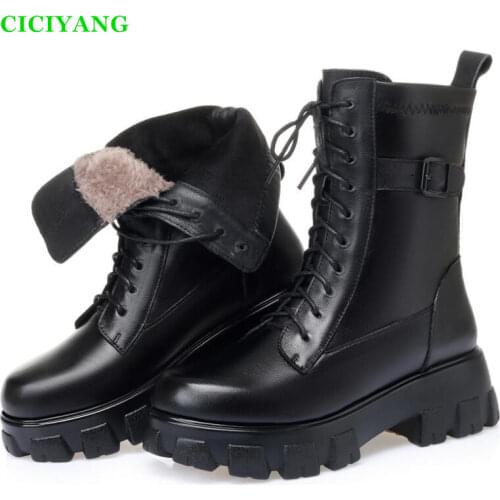 Fashion Genuine Leather Autumn Martin Boots Casual round toe British style breathable womens boots Platform black womens shoes