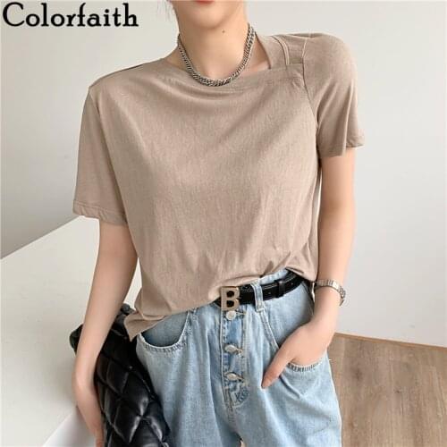 Colorfaith New 2021 Womens Summer T-shirt Soild Bottoming Basic Korean Fashionable Asymmetrical Wild Ladies Short Tops T1792