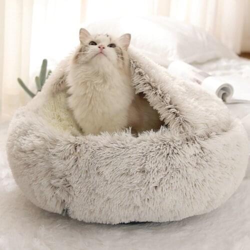Round Plush Cat Bed Deep Sleep Bed For Cats Winter Warm Dog House Cushion Luxury Long Plush Kitten Puppy Sleeping Sofa Nest