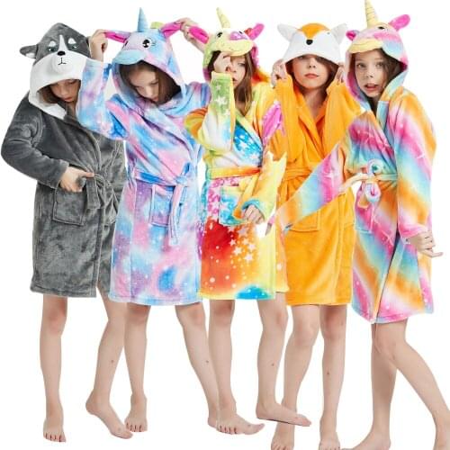 Flannel Unicorn Towel Robes For Girls Pajamas Animal Hooded Children Dressing Boys Kigurumi Sleepwear Kids Fox Dog Bathrobe