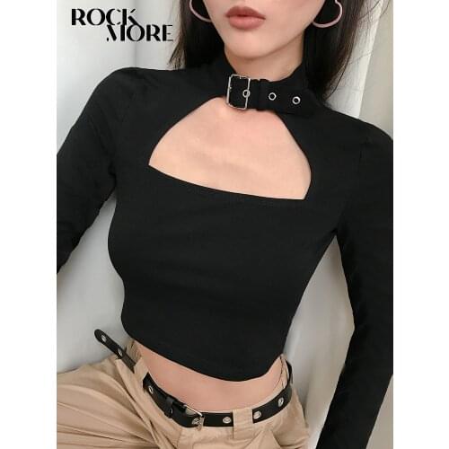 Rockmore Buckle Halterneck Sexy Womens T Shirt Harajuku Long Sleeve Crop Top Streetwear Basic Tshirt Women Tight Tees Shirts