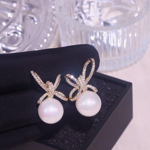 Korean Trendy Classic Simulated-pearl Stud Earrings For Women Luxury Shiny Zircon Bow Stud Earring Wedding Party Jewelry Gifts