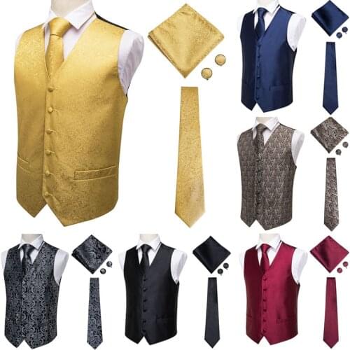 Hi-Tie Suit Vest Mens Classic Paisley Jacquard Waistcoat Vest Handkerchief Party wedding Tie vest Suit Pocket Square Set