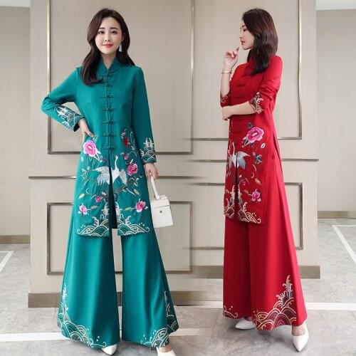 New National Style Printed Tang Suit Wide-leg Pants Set Retro Floral Cheongsam Loose Trousers Women 2 Piece Set Plus Size MH121