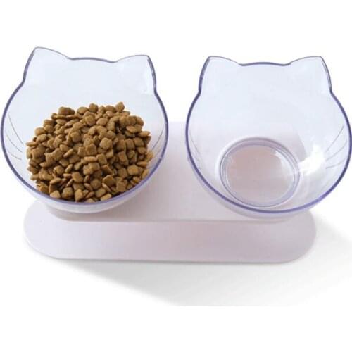 Pet Adjustable Tilting Bowl Cats Dogs Feeding Food Water Container Single Double Bowls Transparent Cat Ear Shape E65B