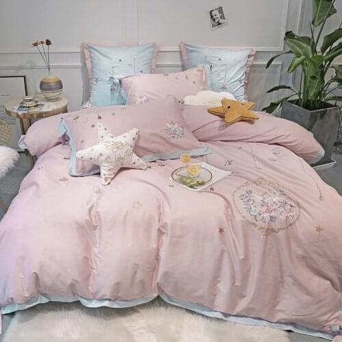 Girls gift 60S Egyptian cotton Luxury embroidery Bedding Set 4/6Pcs King Queen Size Bed Sheet set Duvet cover Pillowcases