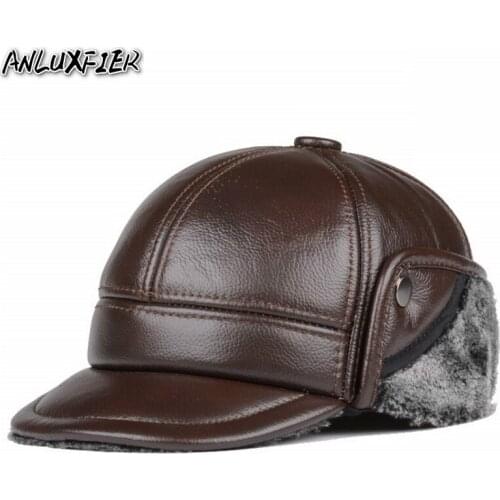 B-8810 Male Genuine Leather Hat Adult Winter Warm Hats Mens Outdoor Ear Protection Hat Mens Fur Inside Cap