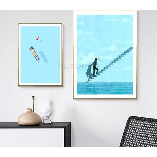 Nordic Blue Pool Art Canvas Dream Ladder Painting Posters and Prints Float Under The Sun Wall Picture for Living Room Decor