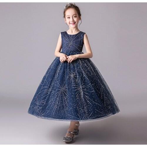 Navy Blue Childrens Flower Girl Wedding Dress Ball Gowns Princess Clothes for 6-14 Years Kids Birthday Party Dresses for Girls