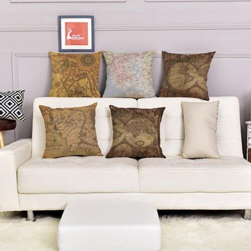 Vintage Ocean Map Cushion Cover Pillow Case Retro World Maps Sofa Cotton Linen Throw Pillow Cover Nautical Home Decoration Gifts
