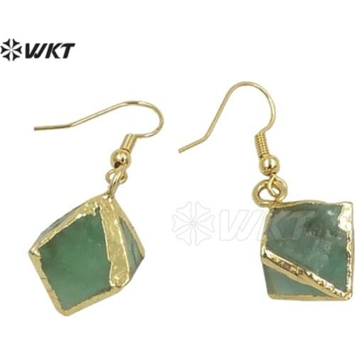 WT-E080 Wholesale handmake raw rainbow fluorite earrings Polyhedron 24K gold trim stone earrings