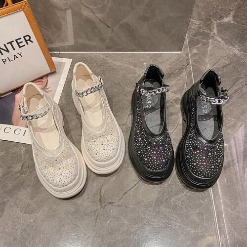 Mesh Breathable Ladies Casual Shoes Summer Fashion All-Match Sweet Rhinestone Platform Retro Mary Jane Single Shoes