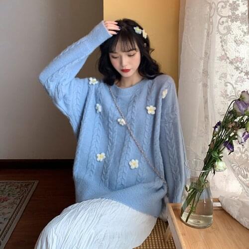 2021 Women Autumn Winter New Long Sleeve Floret Sweater Tops Female Loose Pullover Jumpers Ladies O-neck Warm Knitted Tops R562