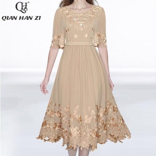 Qian Han Zi spring/summer fashion designer dress vintage Flowers embroidered high quality Diamonds Long slim dress Women New